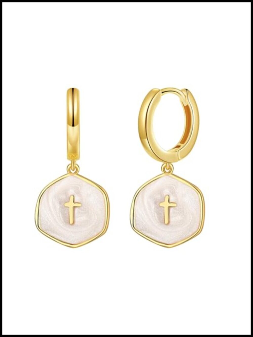Pearl White Cross Drop Huggie Hoop Earrings Hypoallergenic Faith Gift